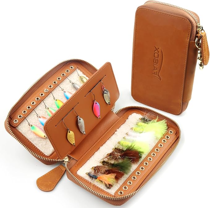 Lure Box Fly Fishing Leather Wallet Tackle Box Storage Spinner Bait Spoon Lures Flies Streamer Dry Fly Box Display Pocket Case Gifts for Men, Women (Lure FLy Wallet #B (Size: 6.6"x4.1"x1.1"))