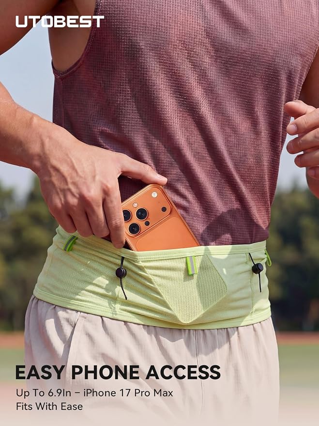 UTOBEST Running Belt for Men & Women, Bounce-Free Running Waist Pack Fits All Phones, 4-Pocket No Zipper Trail Running Belt Fits 500ml Soft Flask, Pole Carry Straps for Race, Trail (B7 Pro-Pink, 3XL)