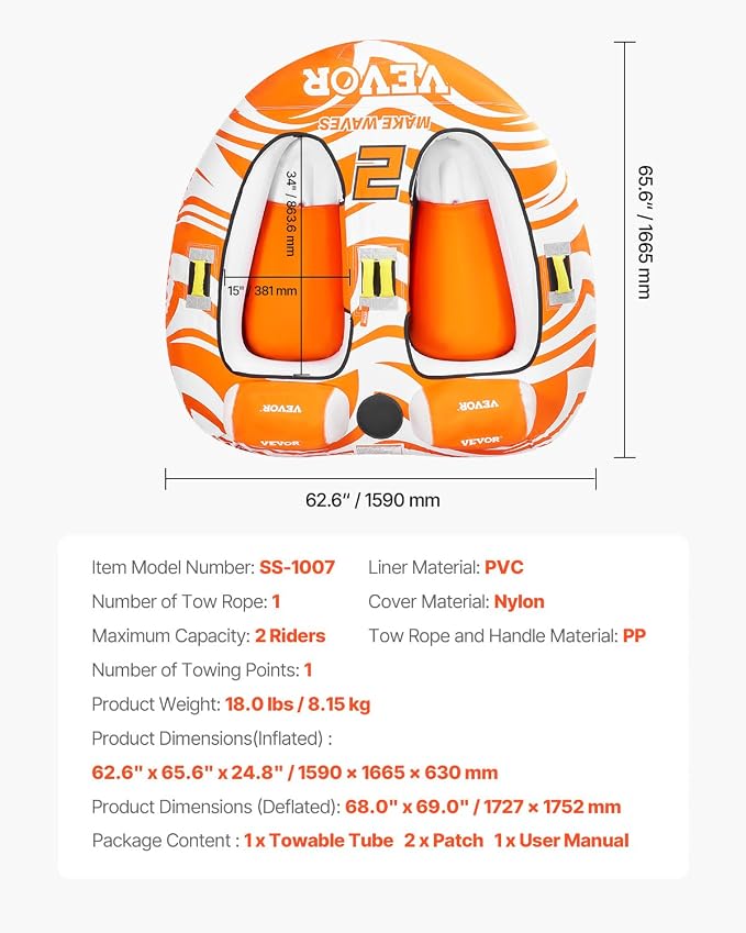 VEVOR Towable Tubes for Boating 2 Person, Inflatable Boat Tubes and Towables with 2 Cockpits, 340lbs Water Sport Tubes for Boat to Pull - with 840D Full Nylon Cover, Padded Grab Handles & Safety Valve