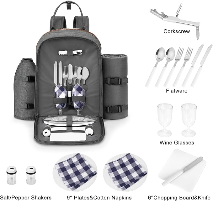 ALLCAMP Picnic Backpack, 2-Person Set with Blanket and Wine Holder, Gray | Insulated compartment, padded straps, Oxford fabric, couple gifts, family, camping, beach, climbing, parks, hands-free