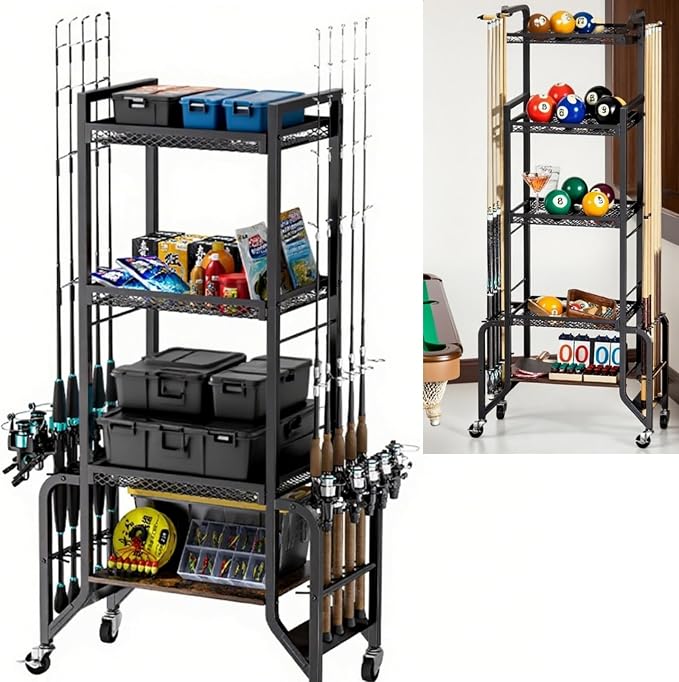Fishing Gear Storage Fishing Pole Holders for Garage- Rod Holder up to 10 Rods with Wheels and 4 layer of large capacity Shelf，Fishing Organizer for Large Tackle Box -Fishing Gear Storage