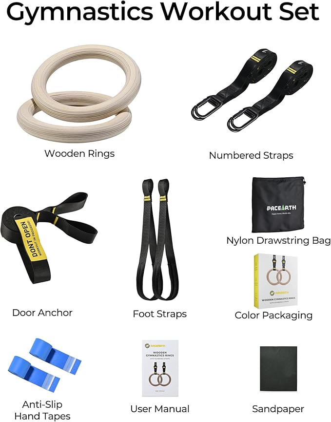 PACEARTH Gymnastics Rings 32mm Wooden Olympic Rings Support 1500lbs Locked Carabiners 9ft Double-Layer Numbered Straps Non-Slip Gym Rings with Foot Straps Door Anchor for Home Gym Full Body Workout