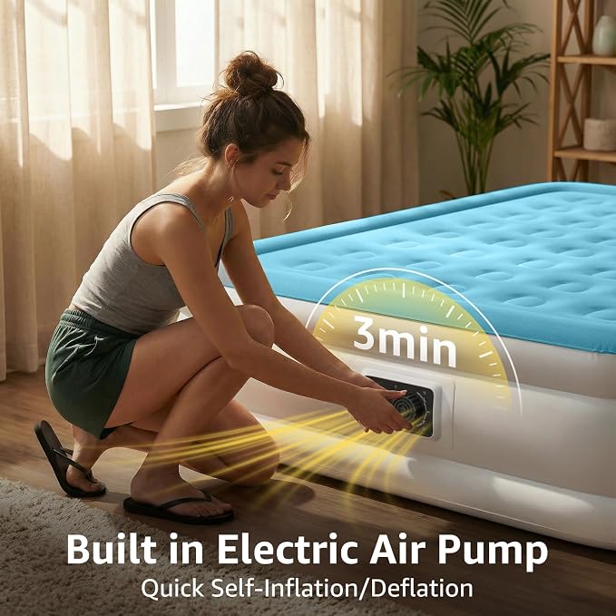 YENING Full Size Air Mattress with Built in Pump Raised Double Blow up Bed Inflatable Camping Airbed Electric 18 Inch Tall Blue