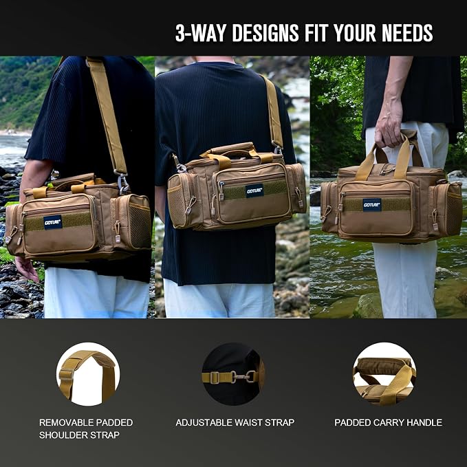 Goture Fishing Tackle Bag with 4 Tackle Boxes, Soft Side 600D Water-Resistant Cross Body Sling Fishing Bag, Small Saltwater Gear Storage Tactical Bags, Gifts for Men/Women (15.75"x9.45"x8.27")