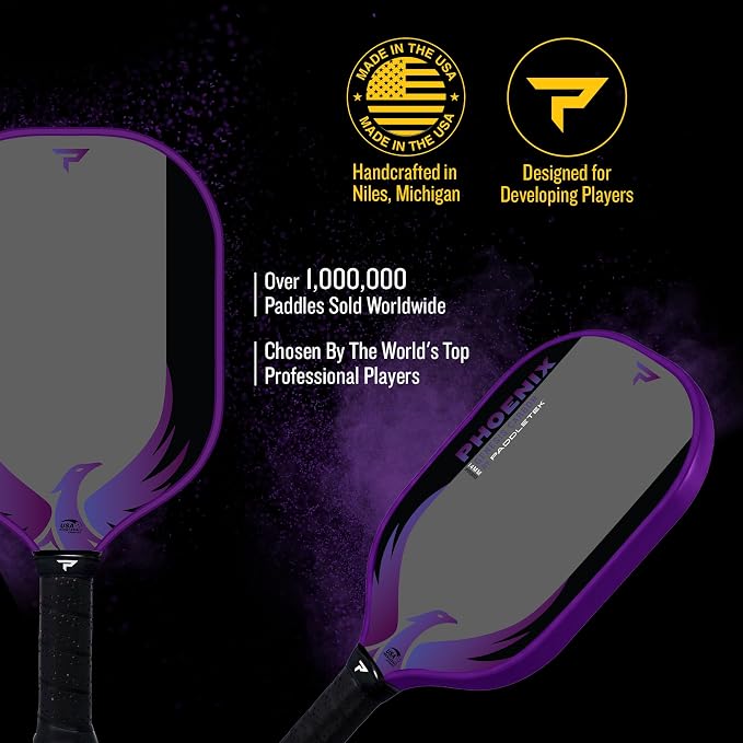 Paddletek Phoenix Genesis Carbon 14mm Pickleball Paddle – Textured Carbon Fiber Pickleball Paddle with Polypropylene Honeycomb Core – USAPA Approved – Balanced All-Court Performance – 5.25" Handle