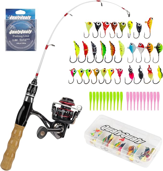 QualyQualy Ice Fishing Rod Reel Combo Complete Set Ice Fishing Gear with Backpack Seat Ice Cleats Ice Fishing Jigs Line Full Ice Fishing Kit 24" 26"