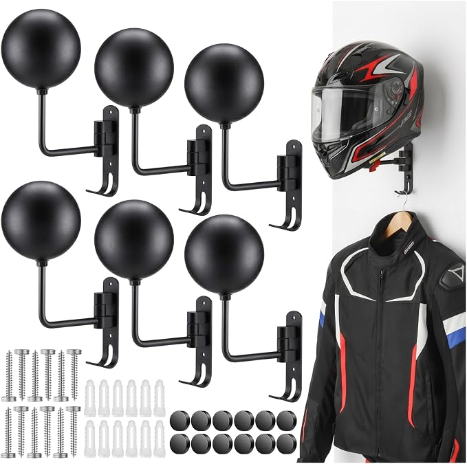 Shimeyao Motorcycle Helmet Holder Wall Mount 180° Rotation Helmet Hanger – Metal Helmets Rack with Hooks for Coat, Cap, Jacket, Glove, Motorcycle Bike Racing Outerwear Sports Gear Accessories