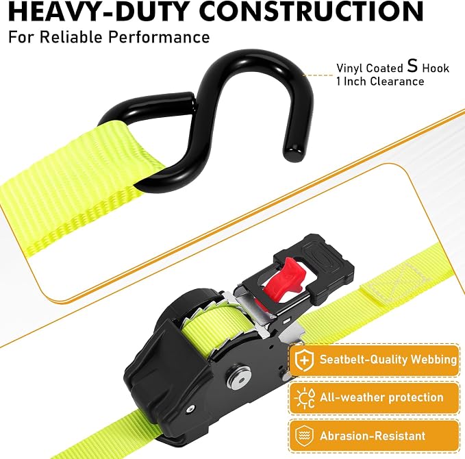 LEVELEVE Retractable Ratchet Tie Down Straps (1" x 10FT, 2-Pack, Yellow) - Heavy Duty 1760LBS Break Strength Quick-Lock, Weather Resistant for Moving, Cargo, Trucks & Boats