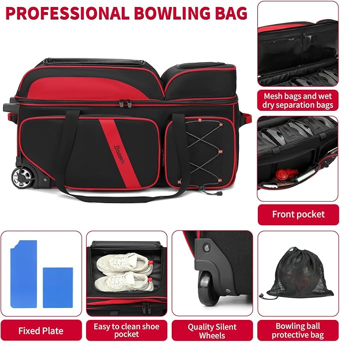 BOSSTIN 3 Ball Bowling Bags with Wheels, Secure Adhesive Fixed Ball Cup & Shoe Compartment, Bowling Ball Bag 3 Ball Roller with Multi-Pockets