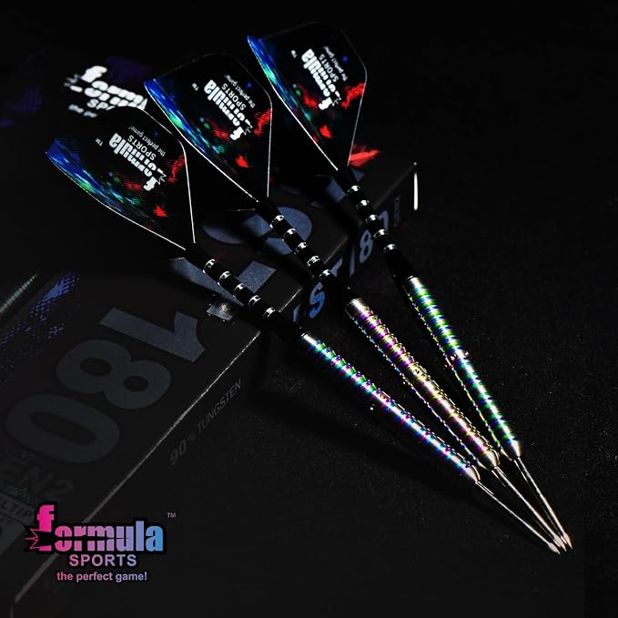 Formula Sports 90% Tungsten Steel Tip Darts Set - Professional Darts Metal Tip Set Available in 21g/22g/23g/24g, with Aluminum Shafts, Tungsten Barrels, Extra Flights, Sharpener