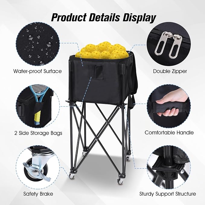Portable Tennis Ball Hopper Holds 180 Balls, Tennis Ball Basket Cart with 4 Wheels & Brakes, Detachable Oxford Fabric Bag for Tennis and Pickleball Training, Black