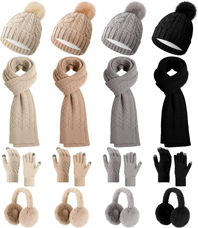 16 Pcs Women Hat Scarf Gloves Ear Muffs Set Winter Knitted Pom Beanie Hats Scarf Touch Screen Gloves for Men Adult Homeless