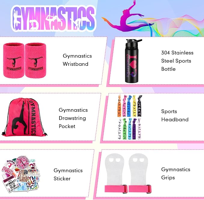 Xtinmee 66 Pcs Gymnastics Gift for Women Girl Pink Gymnastics Party Favor Hand Grip Water Bottle Drawstring Backpack Wristband Hair Tie 50 Tattoo Sticker Stuff Team Birthday Christmas