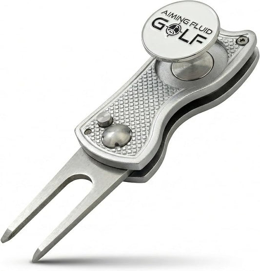 Golf Divot Repair Tool — 5-in-1 Golfing Ball Marker, Pitch Mark Repair, Putting Alignment, Club Tee, and Groove Cleaner, Accessory Metal Switchblade Design - Ideal Gift for Golfers