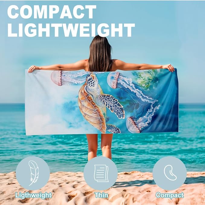 2 Pcs Microfiber Beach Towel Sand Free Quick Dry Oversized Lightweight Absorbent Jellyfish Underwater Life Pattern Blue Pink Orange Pool Towels for Adults Travel Swim 71 x 32 Inches
