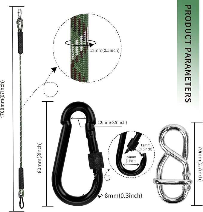 Heavy Duty Tree Swing Ropes Hammock, Adjustable Extendable Hanging Straps, Carabiners for All Swings Hammock Playground Set Accessories 5.6ft(67") of 2, Green