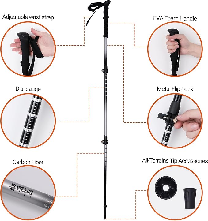 Carbon Fiber Trekking Poles Ultra Strong Lightweight Collapsible Hiking Poles EVA Foam Grips Quick Adjustable Flip Locks