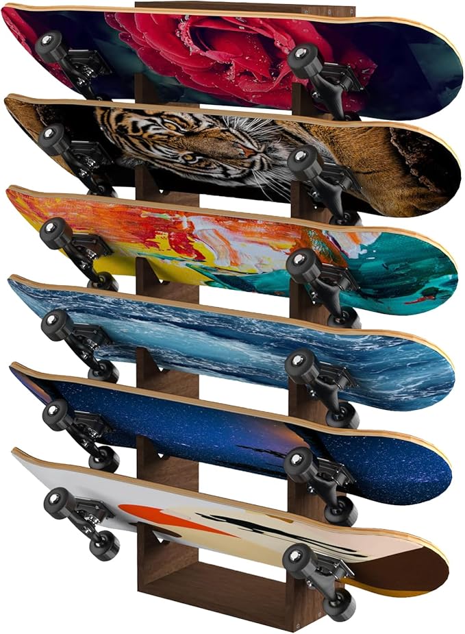 Skateboard Rack Wall Mount 6-Tier Wooden Skateboard Storage Rack Holder Skateboard Stand Display Organizer Skateboard Hanger for Longboard, Deck, Standard Skateboards