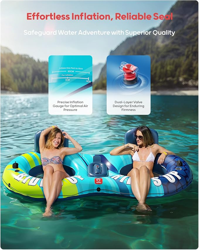 QPAU Inflatable Double River Tube, 2 Person 660lb Capacity, Puncture-Resistant 93" Sturdy Heavy Duty River Float, River Raft with Ergonomic Backrest, Cooler & Cup Holders for Family