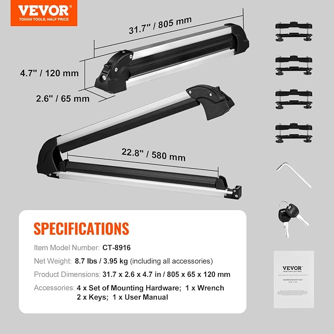 VEVOR Universal Car Roof Rack - Fit Most Crossbars, Carry up to 6 Pairs of Skis or 4 Snowboards, Aluminum Snowboard Ski Rack with Lock & Rubber Padding