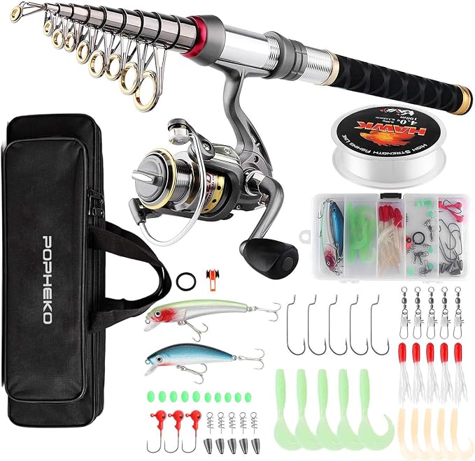 Telescopic Fishing Rod Reel Combo Travel Spinning Pole Set with Accessory | Saltwater Freshwater Fishing Gear Tool Kit with Carbon Fiber Rod Reel Lures Hooks Carrier Bag for Kids Adults Beginner