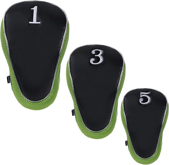 Andux Golf Wood Club Head Covers with Hook & Loop Set of 3 | for 460cc Driver Fairway Short Neck Faux Leather and Nylon-mesh Embroidery thread Number