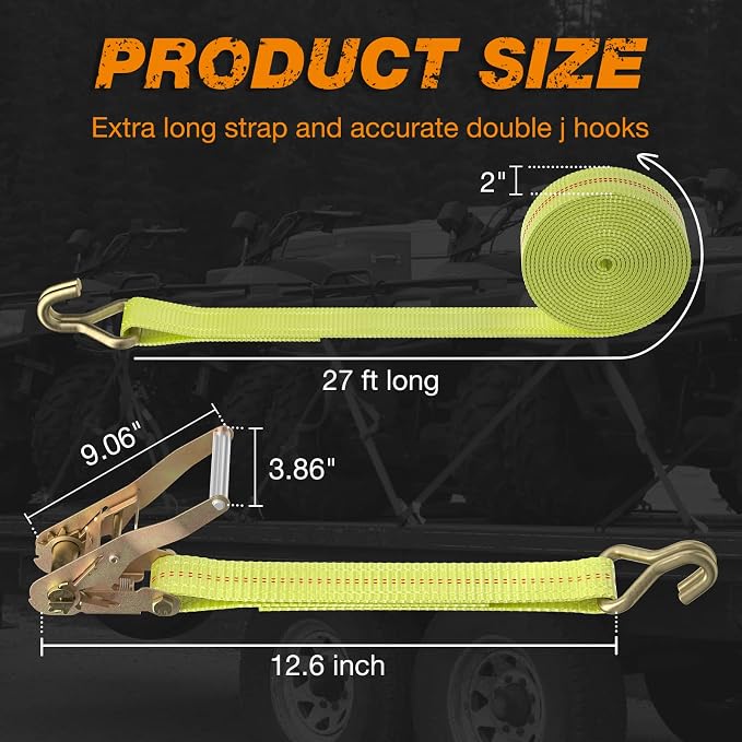 Ratchet Tie Down Strap - 2 Pack 2" x 27' Heavy Duty Ratchet Straps with Aluminum Handle, Cargo Straps for Moving Appliances, Lawn Equipment, Motorcycle in a Truck Yellow