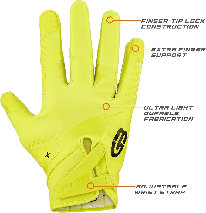 Grip Boost Football Gloves - Solid Stealth 6.0 Boost Plus Sticky Technology - Adult and Youth Football Gloves for Wide Receiver - Men's and Boys Sizes