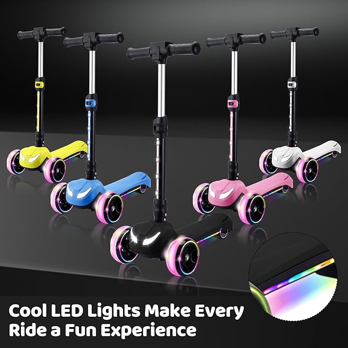 Electric Scooter for Kids w/150W Powerful Motor, Thumb Throttle, LCD Screen, Bluetooth, Light-Up Stem Deck & Wheels, 3 Adjustable Heights, 5MPH Safe Speed, 3 Wheel Electric Scooter for Kids