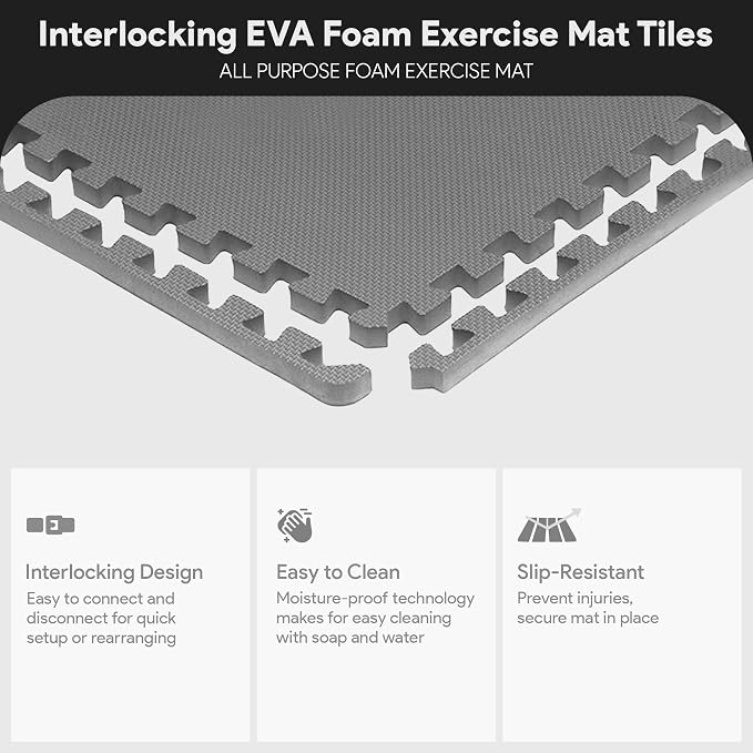 BalanceFrom Puzzle Exercise Mat 1/2" Thick, EVA Interlocking Foam Floor Tiles for Home Gym, Mat for Home Workout Equipment, Floor Padding for Kids, Gray, 24 in x 24 in x 1/2 in, 24 Sq Ft - 6 Tiles