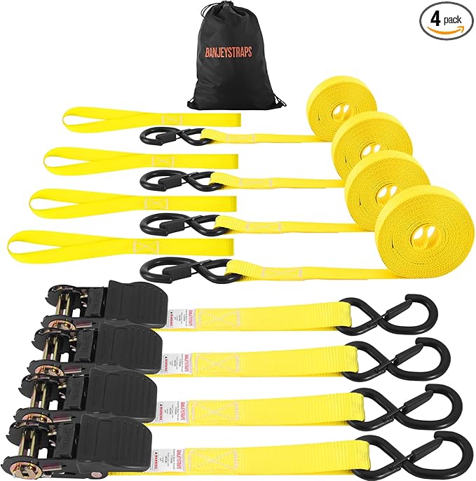 1" x 12' Heavy Duty Ratchet Straps (4-Pack) - 1,750lb Break Strength Yellow Tie Down Straps for Moving, Appliances, Furniture, Motorcycle, Truck & Trailer