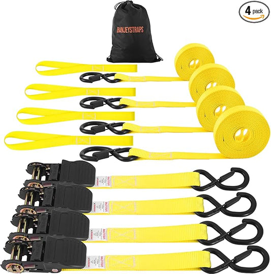 1" x 12' Heavy Duty Ratchet Straps (4-Pack) - 1,750lb Break Strength Yellow Tie Down Straps for Moving, Appliances, Furniture, Motorcycle, Truck & Trailer