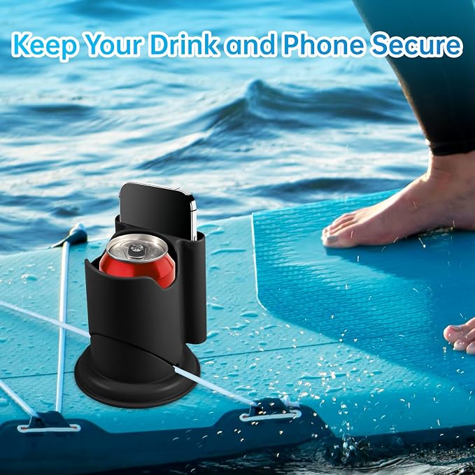 Paddle Board Cup Holder, Kayak Cup Holder 2-in-1 Drink & Phone Holder, Paddleboard and Kayak Accessories for SUP, Kayaking, Fishing, Yoga, or Surfing Adventures(Black,1Pack)