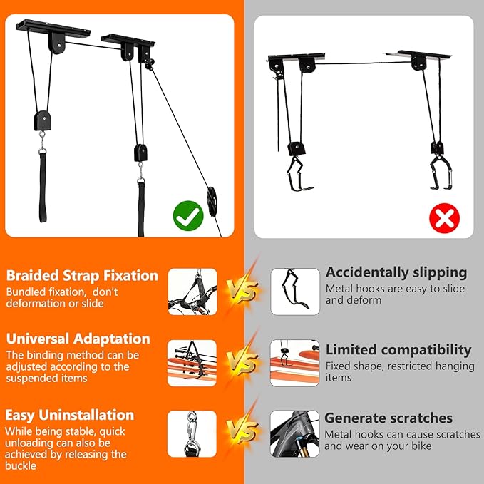 Bike Hoist,Ceiling Mount Bike Hanger,Heavy Duty Bike Hangers for Garage,Bike Pulley System for Garage,Holds Up to 100 lbs,Ceiling Bike Hanger for Ebike,Road Bike,Fat Tire,Snowboard(2 Pack)