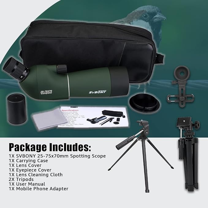 SVBONY SV28 Spotting Scopes with Tripod and Phone Adapter, Angled 25-75x70mm Spotter Scope, Waterproof Fogproof Spotting Scope with Desktop Tripod for Bird Watching, Target Shooting, Wildlife Viewing