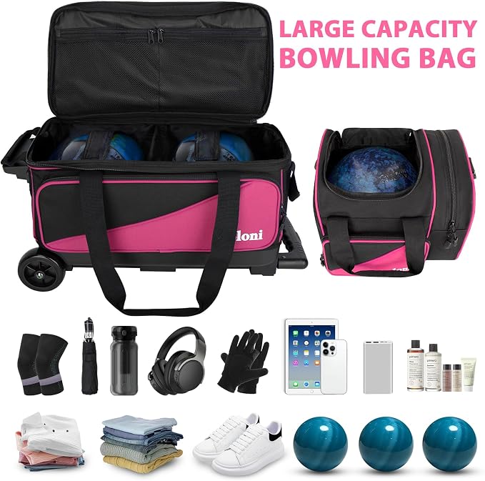 Goloni 3 Ball Bowling Bag with Wheels, 2+1 Double Roller Bowling Bag with Shoe Compartment,Tote Bag for Bowling Accessories