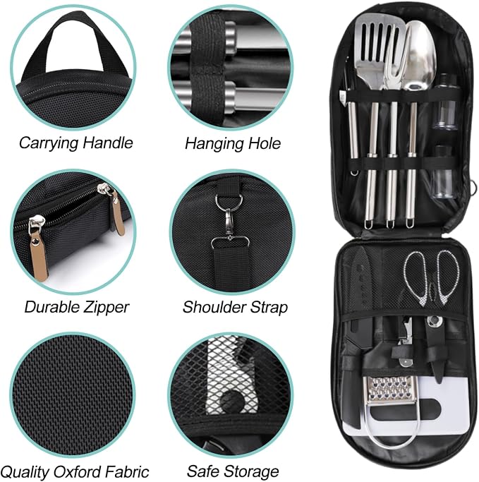 12-Piece Camping Kitchen Utensil Set – Portable Outdoor Cooking Utensils for Camping, RV, Backpacking & BBQ | Complete Camp Kitchen Gear Set with Carry Bag, Grilling Tools & Cooking Accessories
