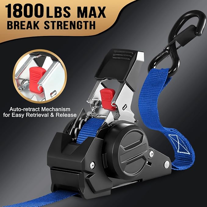 10FT Retractable Ratchet Straps(2-Pack) - 1 Inch (1800 LB Break Strength) Heavy Duty Self Retracting Ratchet Straps with Soft Loops & Storage Bag for Household, Motorcycle, Truck, ATV(Blue)