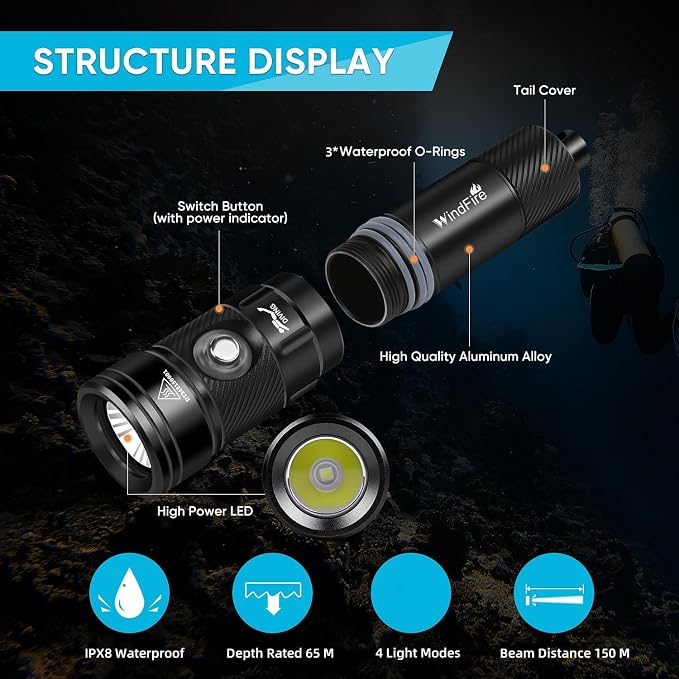 WindFire Dive Lights Scuba Diving Flashlight, IP68 Waterproof 262 ft Underwater Flashlight, Rechargeable Snorkeling Spotlight Torch with 4 Modes & Power Indicator for Night Diving, Caving