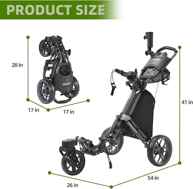 FLAGTAG Golf Push Cart 3 Wheel with 360 Swivel Front Wheel,Lightweight and Foldable Walking Golf Cart，One-Click Foldable,with Foot Brake