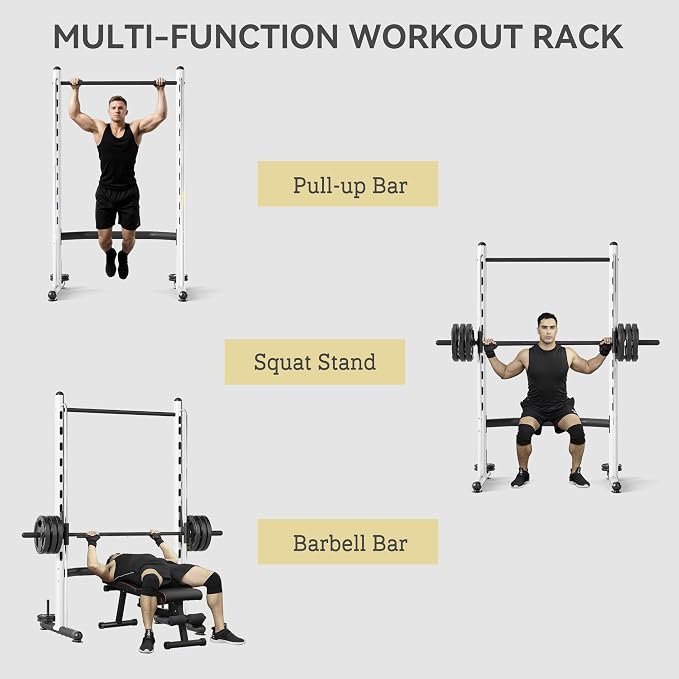 Soozier Squat Rack with Pull-Up Bar, Adjustable Power Rack with Barbell Bar, Multi-Functional Steel Bench Press Rack for Home Gym Strength Training, Black