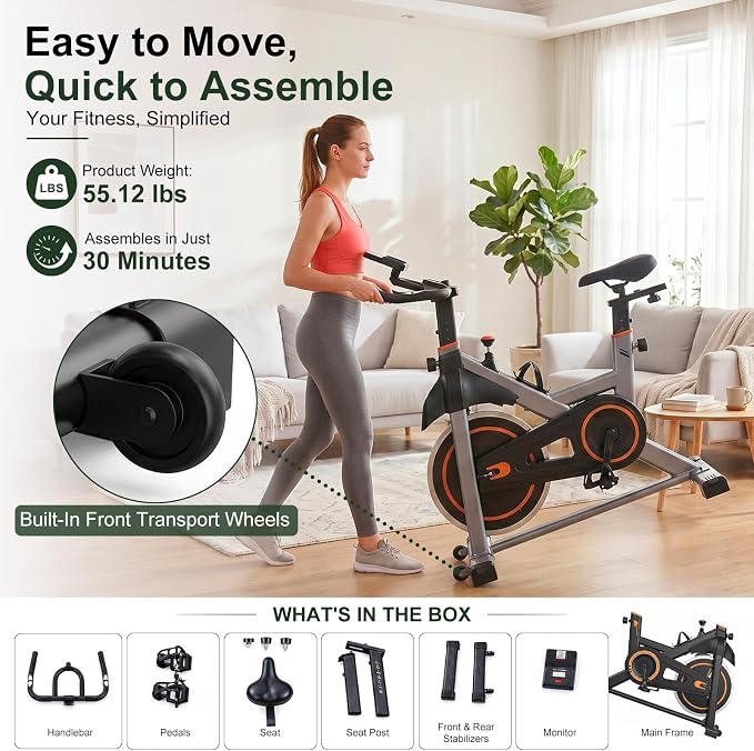 Exercise Bike with APP, Stationary Bike for Home, Workout Bike for Adults & Seniors, Indoor Cycling Bike with Adjustable Resistance, Low Noise, Easy Assembly, 265LB Weight Capacity