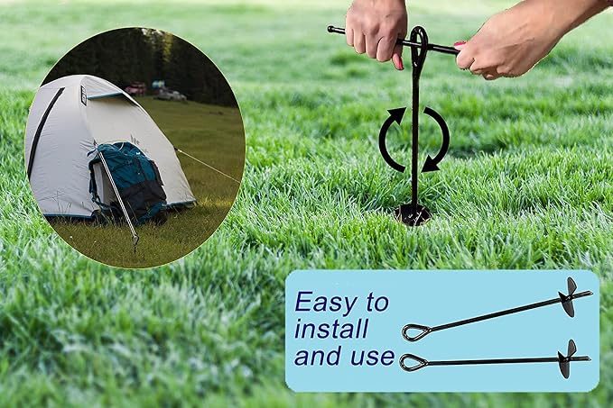 Ashman Black Ground Anchor (8 Pack) 15 Inches in Length and 10MM Thick in Diameter with 65 Feet of Rope