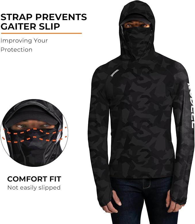 Rodeel Men's UPF 50+ Performance Fishing Hoodie, Long Sleeve Sun Protection Athletic Quick-Dry Breathable T-Shirt