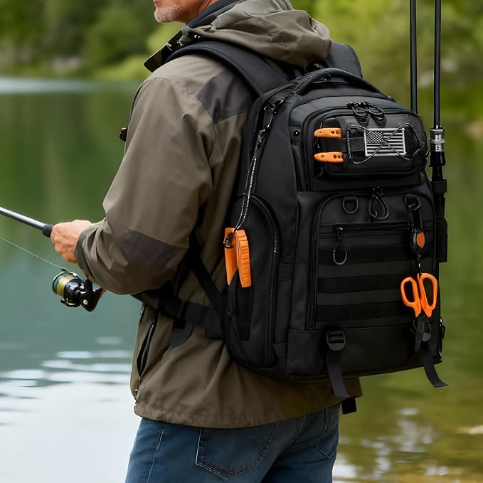 50L Fishing Tackle Backpack with Removable Lure Wraps,Include (4) 3600 Tackle Boxes, 2 Rod Holders Storage Fishing Gear and Equipment