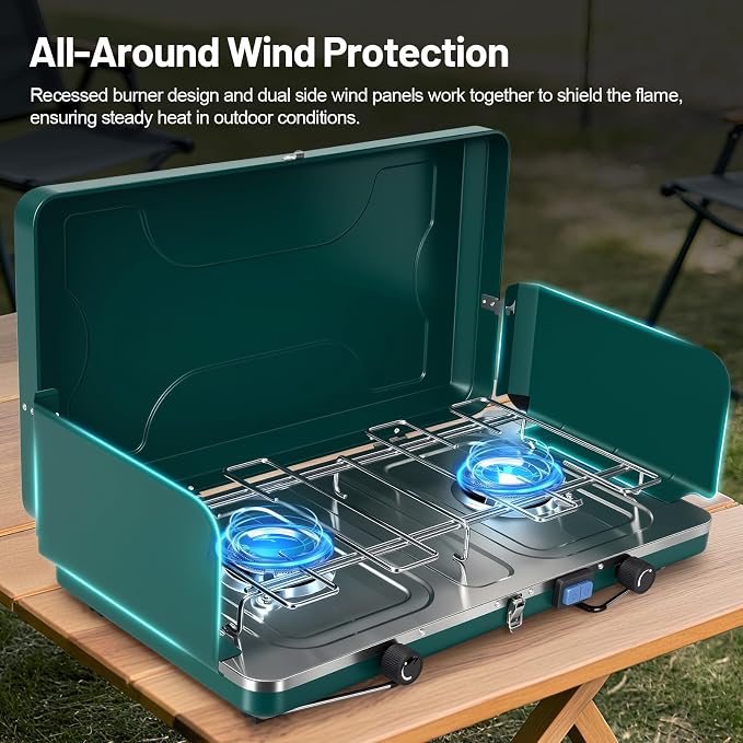 2-Burner Propane Stove, Portable Camping Cooktop with 2 Adjustable Burner and Wind Guards, 20000BTU Camping Stove with Ignition & Griddle for Camping,Tailgating, BBQ, Grilling,Outdoor Gear