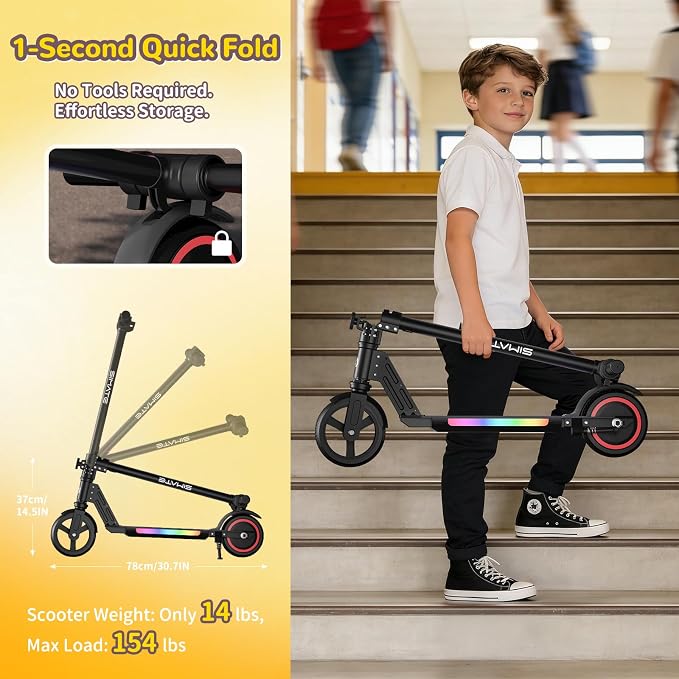 SIMATE Electric Scooter for Kids 6-14, e Kick Scooter with LED Display and Colorful Lights, Adjustable Height and Foldable, Double Brake, Gifts for Kids Girls Boys
