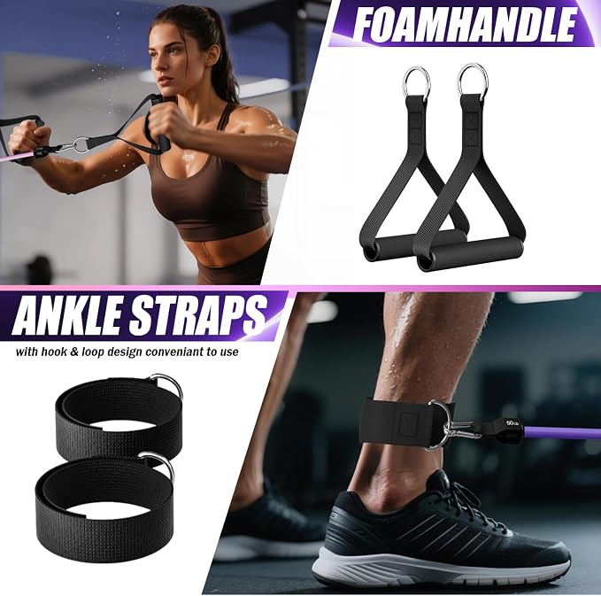 WHATAFIT Resistance Bands, Exercise Bands, Workout Bands with Handles, Door Anchor and Ankle Straps, 5 Resistance Levels Fitness Bands for Strength Training, Physical Therapy, and Home Gym Equipment