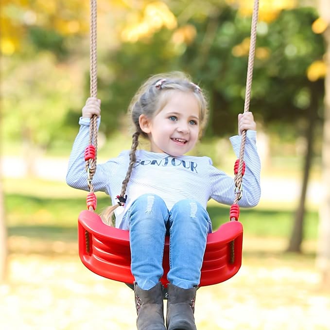 Plastic Swing Seat, Heavy Duty Tree Swing Set Non Slip Playground Swing Set Accessories Replacement with Adjustable Rope for Kids Outdoor Play Playground Backyard (Red)