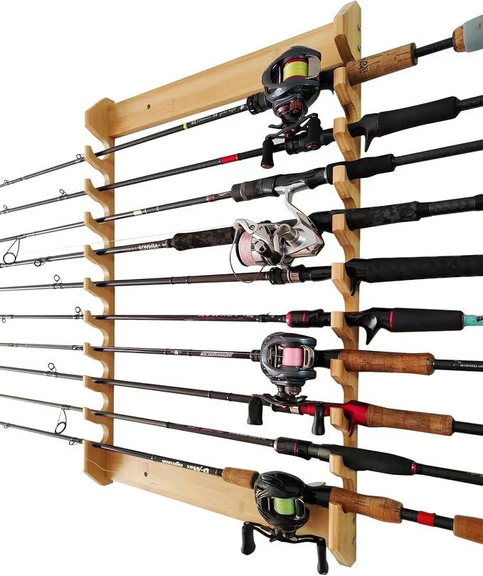 Wall Mount Fishing Rod Rack, Wooden Fishing Pole Holder, Heavy Duty Fishing Rod Storage Organizer for Garage Home Wall, Space Saving Fishing Gear Display Rack